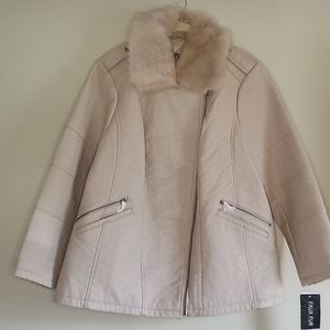 Cream Faux Leather Coat with Fur